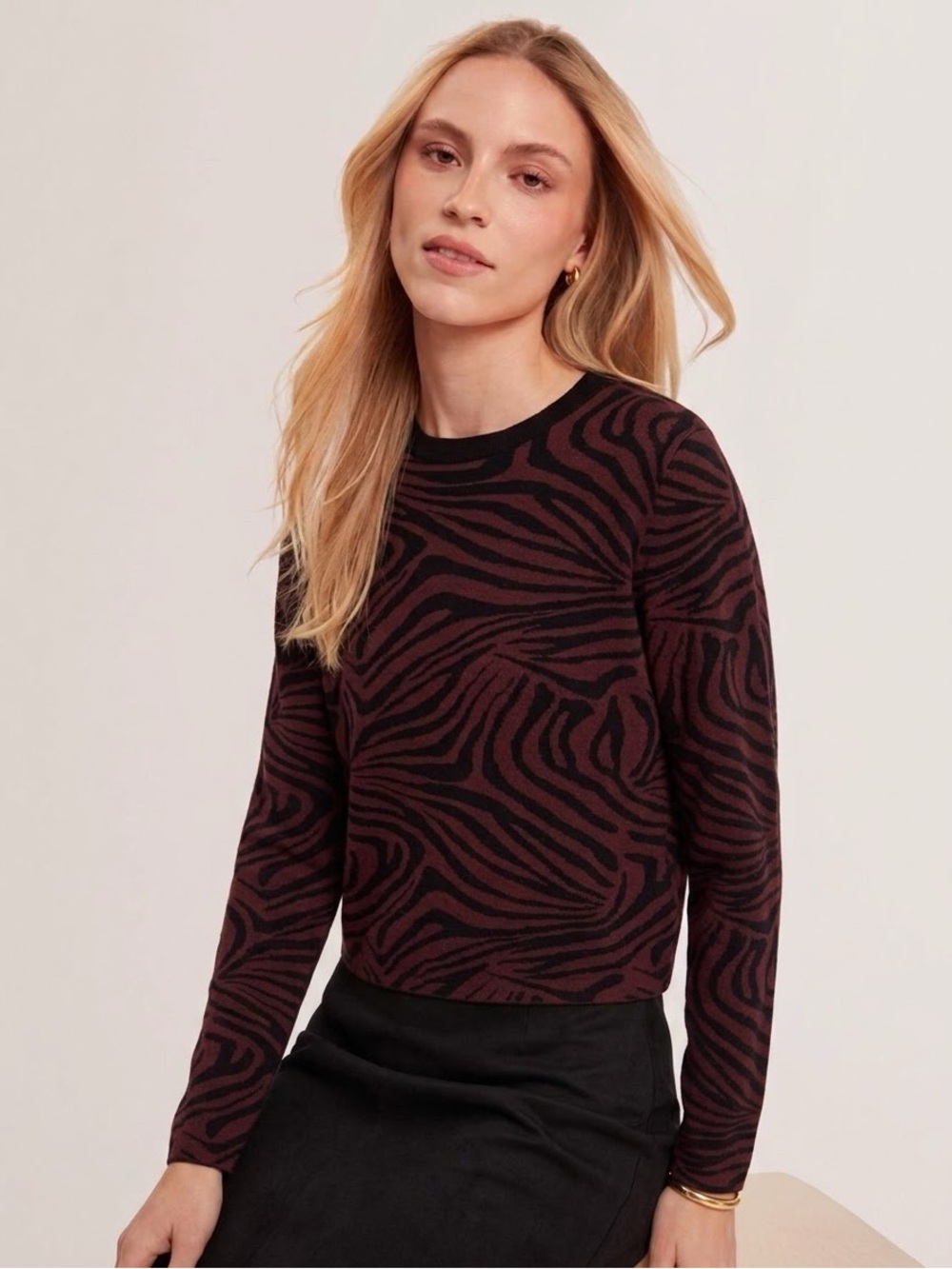 TED BAKER Women’s Zebra Jacquard Print Martiy Crew Sweater, Burgundy/ Black Sz 2